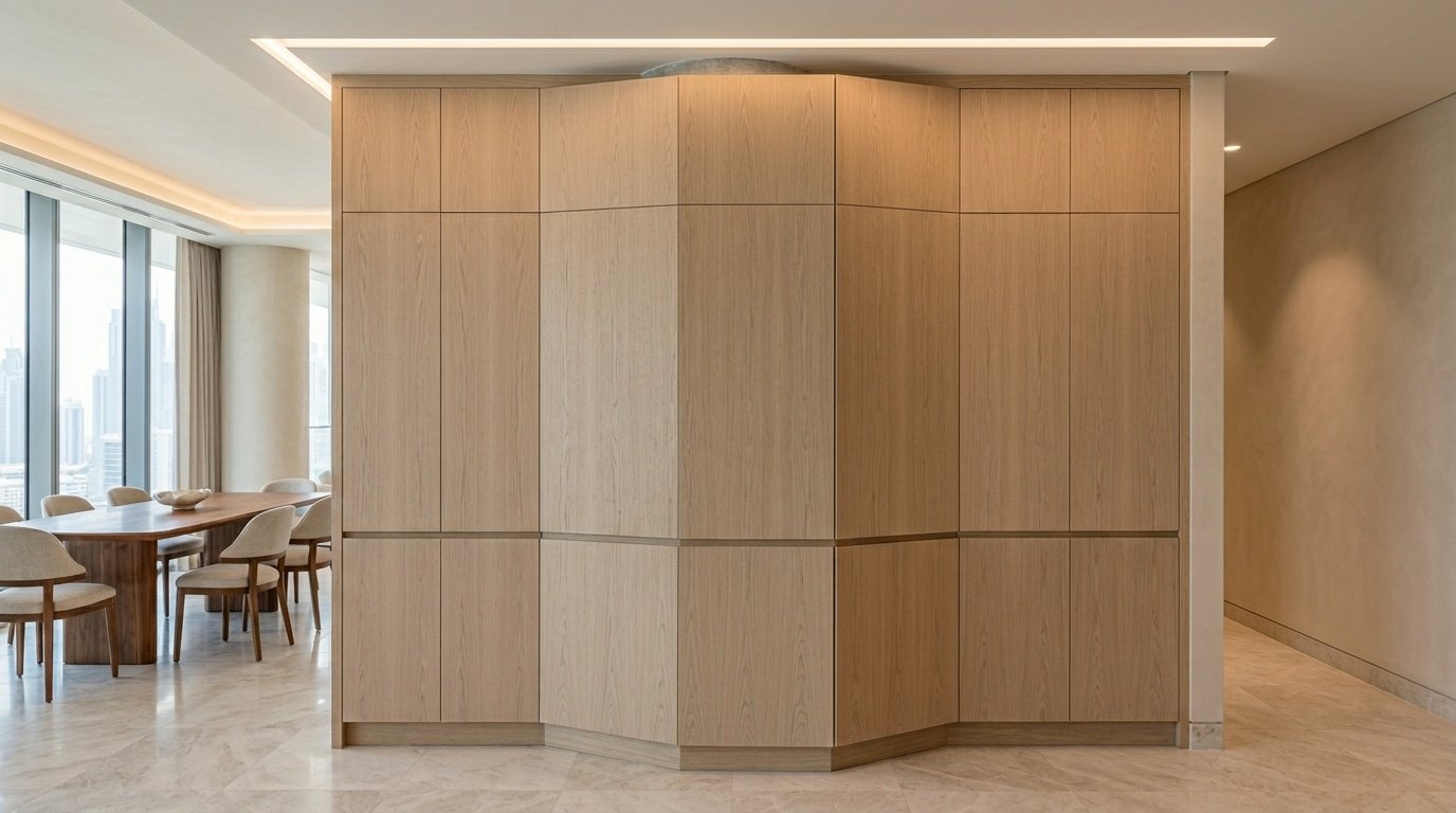 Custom Built In Light Oak Cabinet Wrapped Around A Structural Column In Dubai.