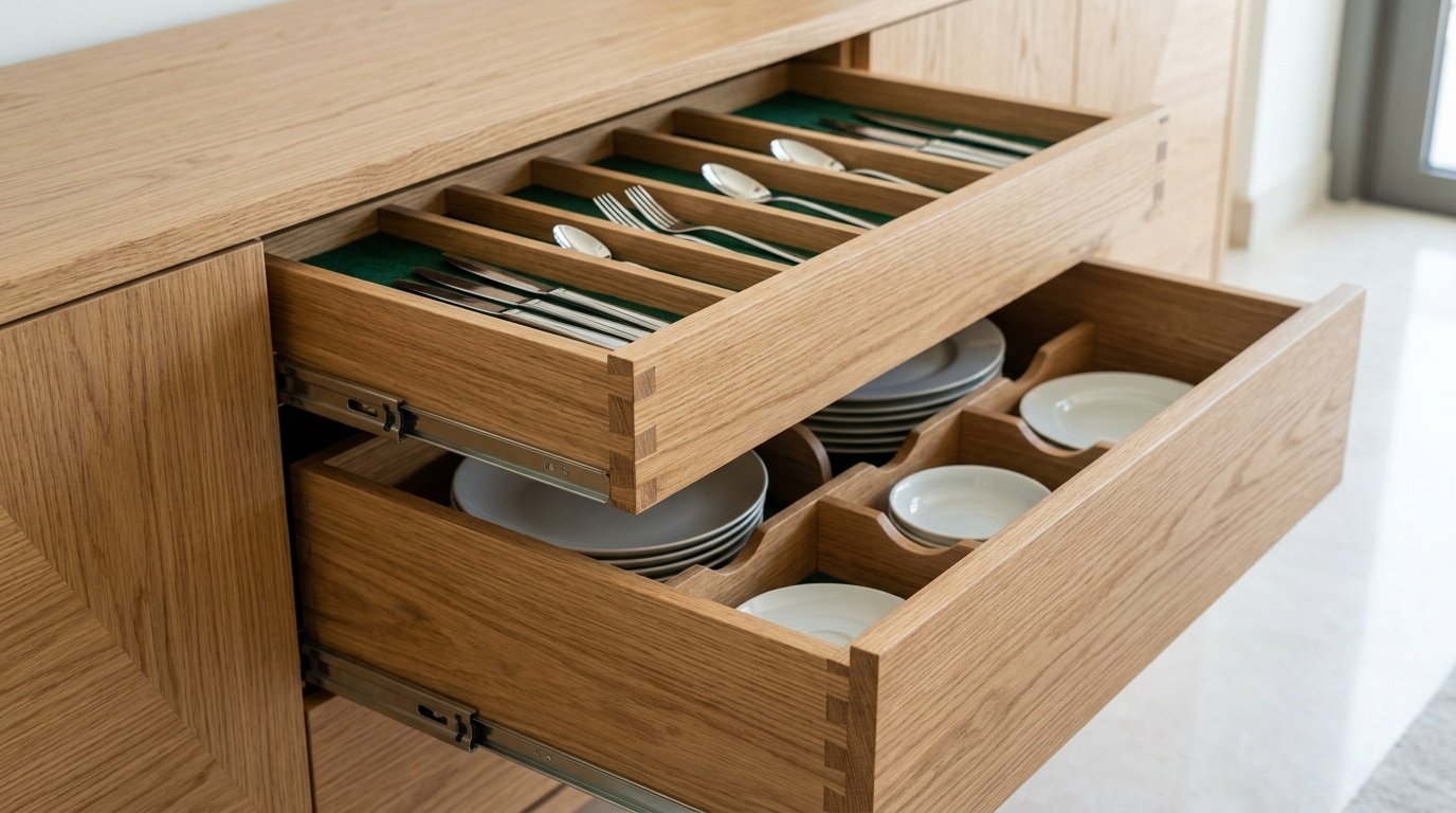 Close Up Of Custom Built Oak Dining Cabinet Drawers With Internal Dividers.