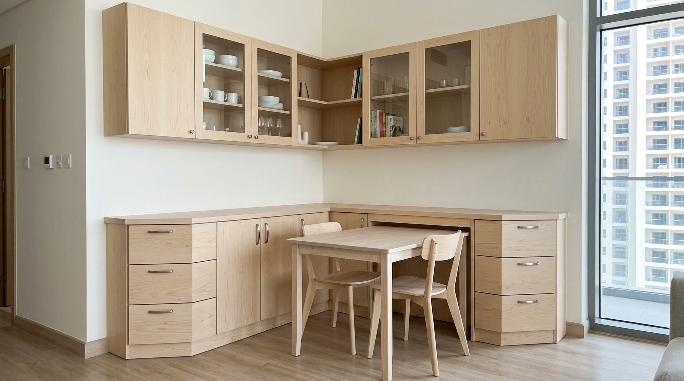 Custom L Shaped Birch Wood Built In Dining Cabinet In A Business Bay Apartment.