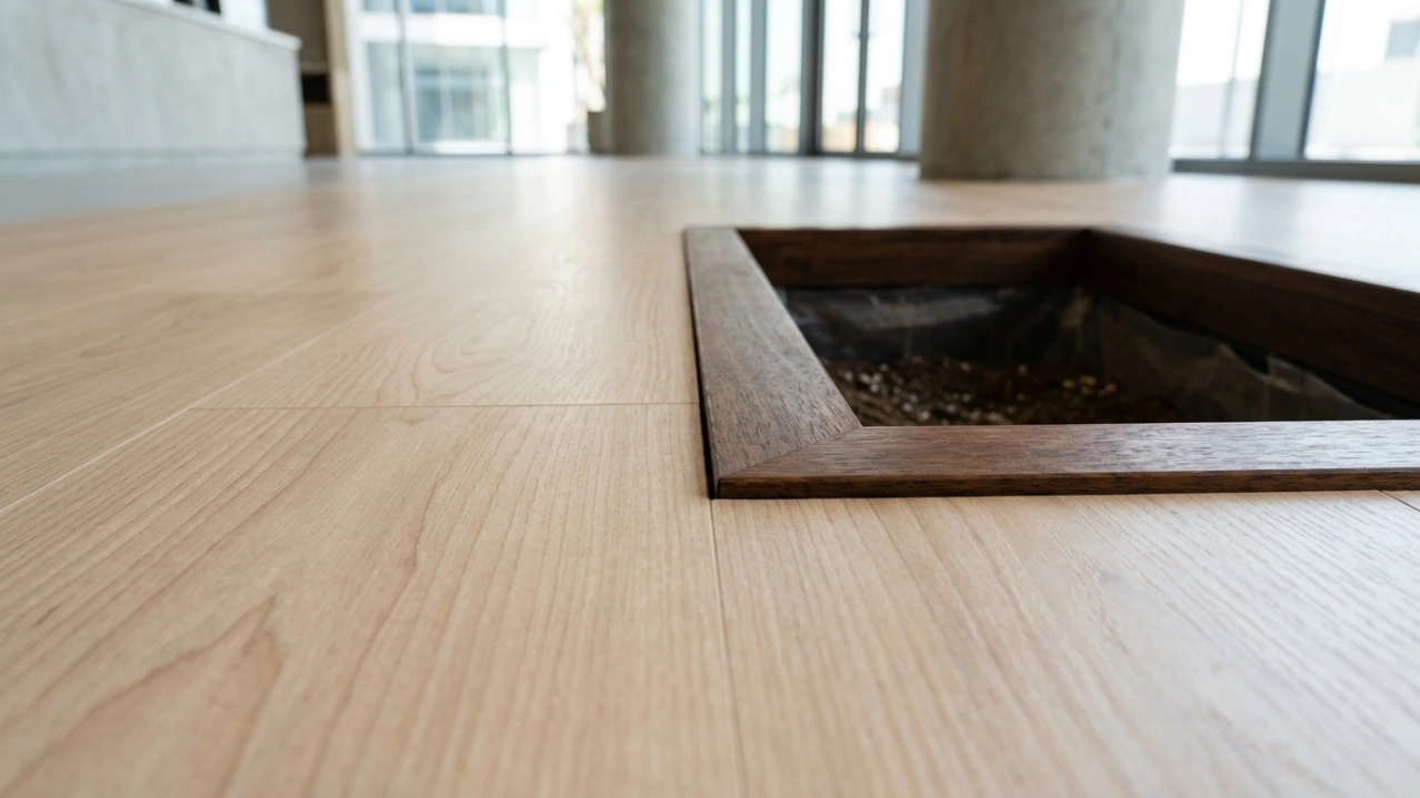 Light maple laminate flooring integrated with custom iroko wood planter.