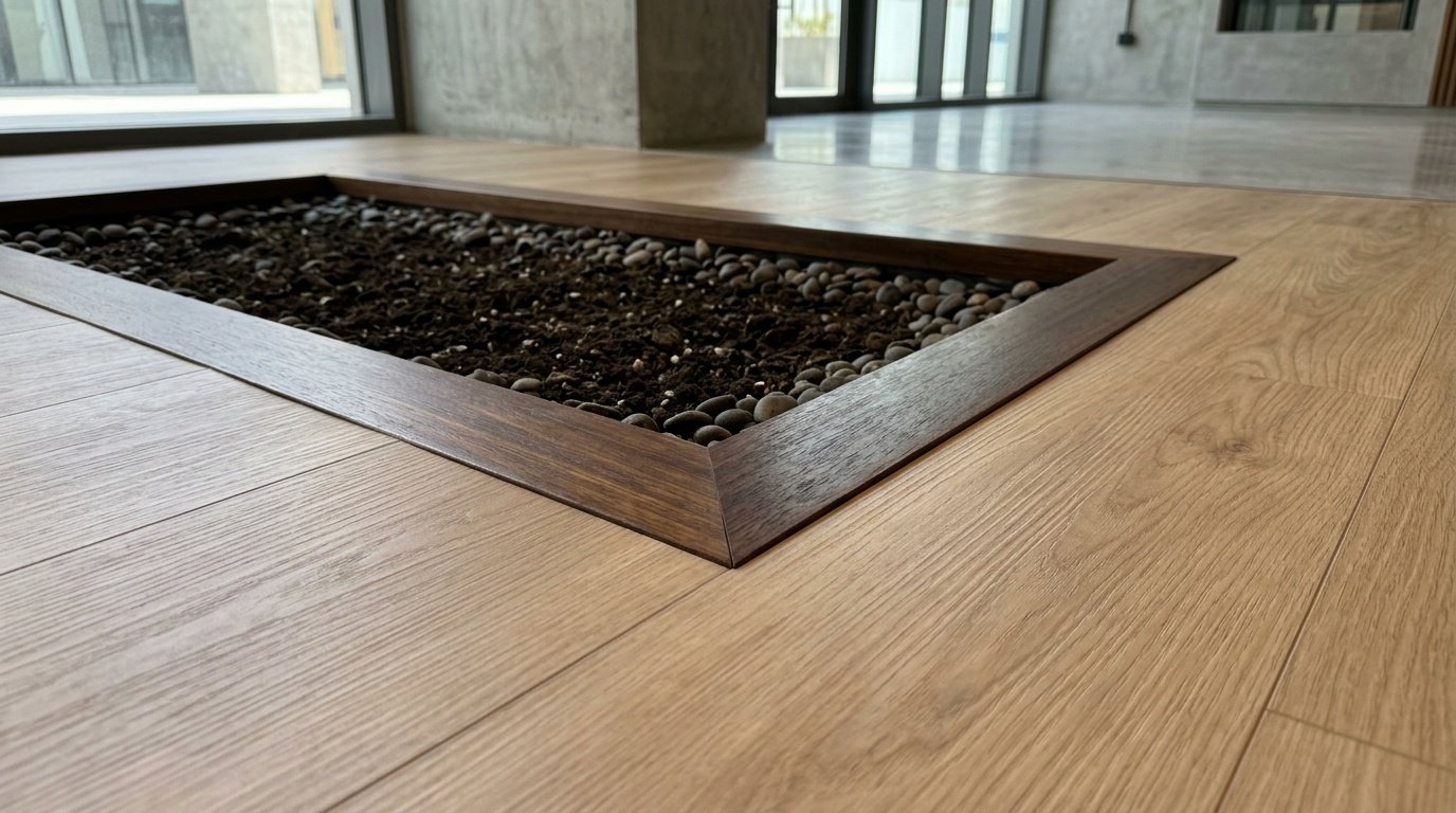Light maple vinyl flooring integrated with custom iroko wood planter.