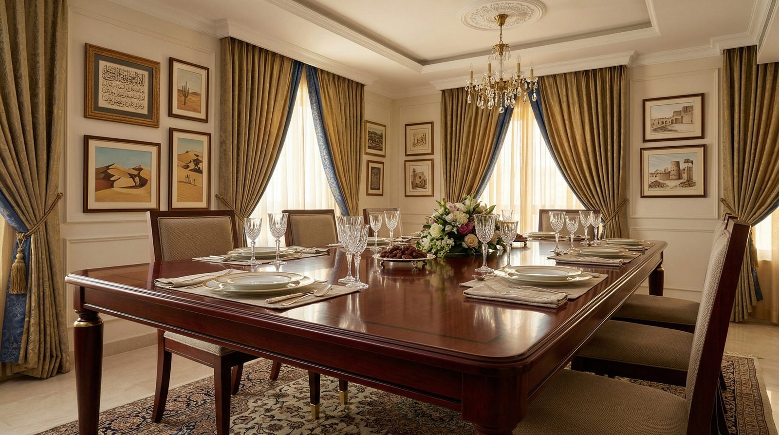 Classic dark cherry wood dining table with polished finish, custom built by Karnak in Al Barsha.