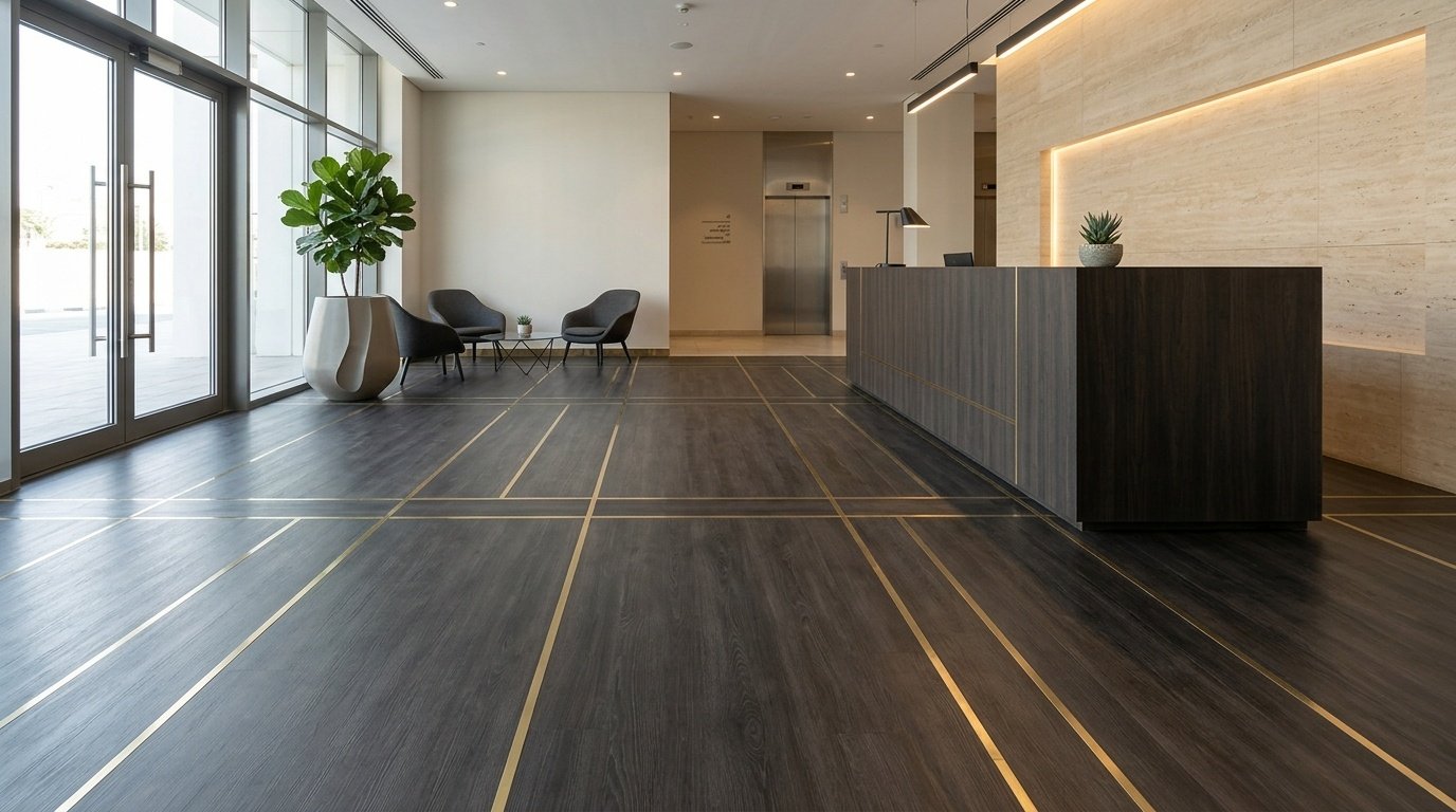 Dark laminate flooring with brass inlays in an Ajman lobby, meeting a custom desk.