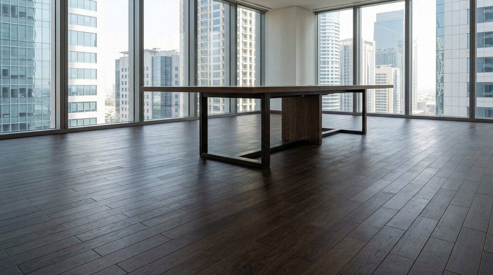 Industrial dark-stained parquet flooring in a corporate executive boardroom in DIFC, Dubai.