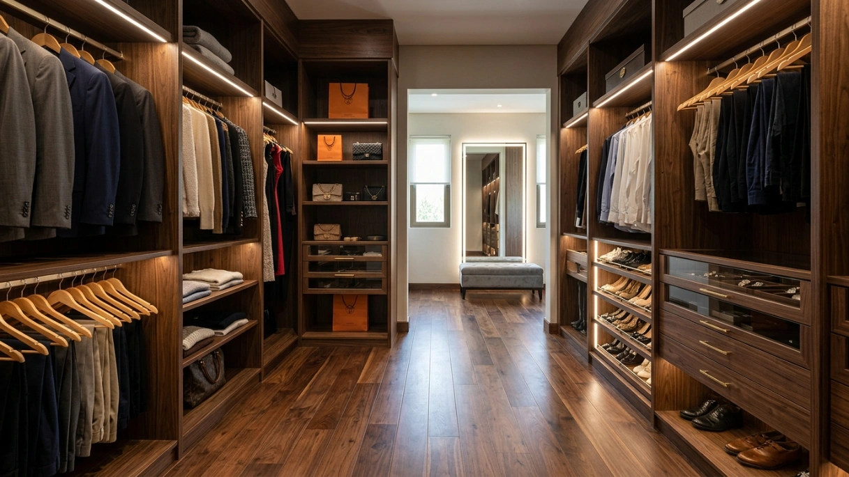 Luxurious walk-in closet in Dubai Hills Estate featuring dark walnut wood flooring extending under custom cabinetry by Karnak Carpentry.