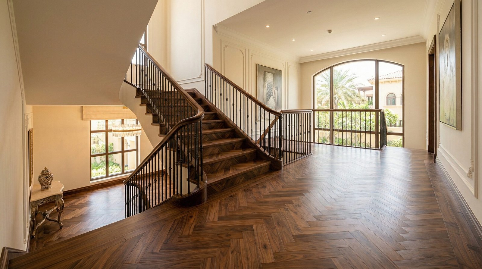 Matching dark walnut parquet on stairs and landing, Jumeirah villa.