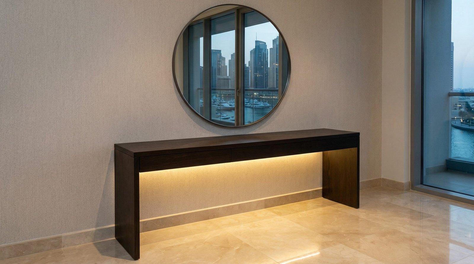Modern dark wenge console table with under-lighting in a Dubai Marina apartment.