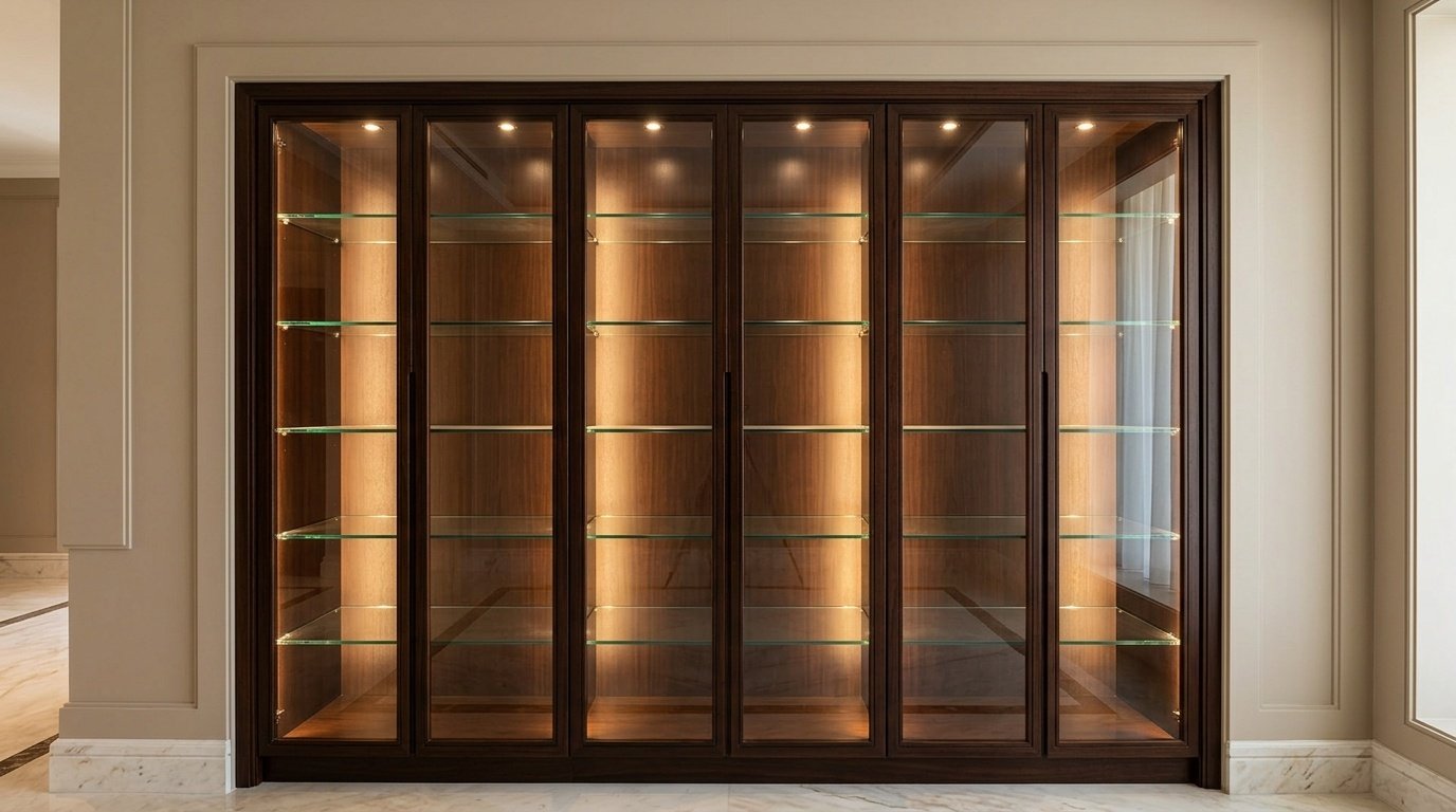 Dark Mahogany Custom Built In China Display Cabinet In An Abu Dhabi Home.