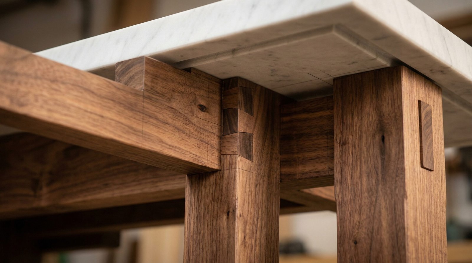 Close-up of intricate internal dovetail joinery in a custom walnut console base