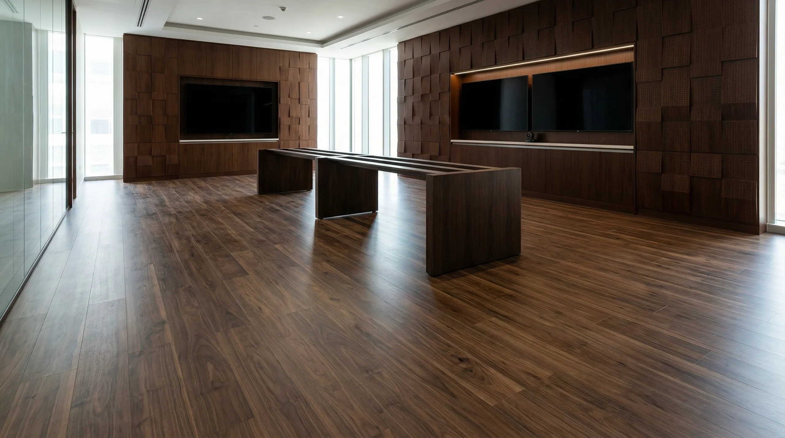 Durable AC5 walnut laminate flooring in a modern DIFC boardroom near custom mahogany joinery.