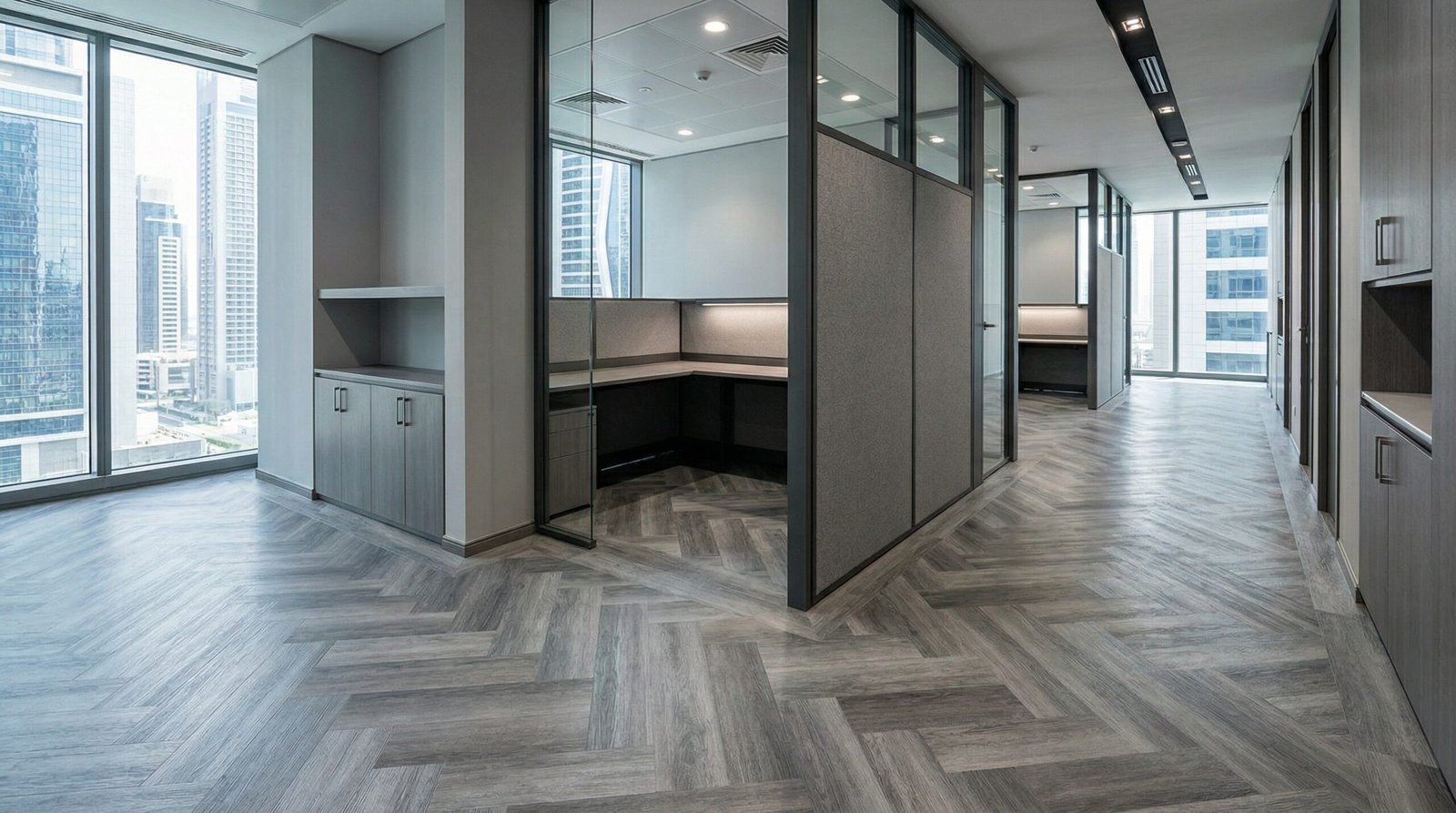 Basket-weave pattern LVT flooring in a DIFC office expansion project.