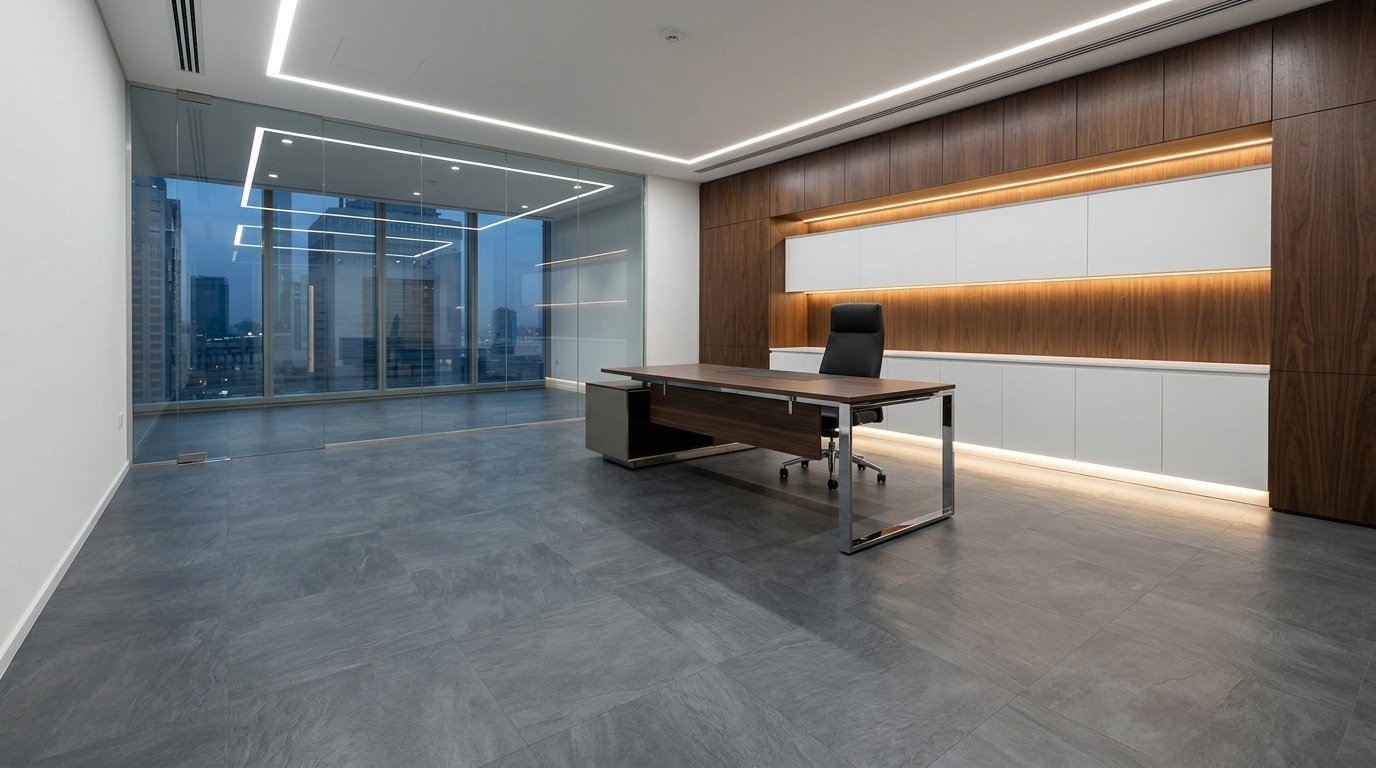 Commercial-grade slate-grey luxury vinyl tile flooring in a high-end DIFC office with dark wood joinery.