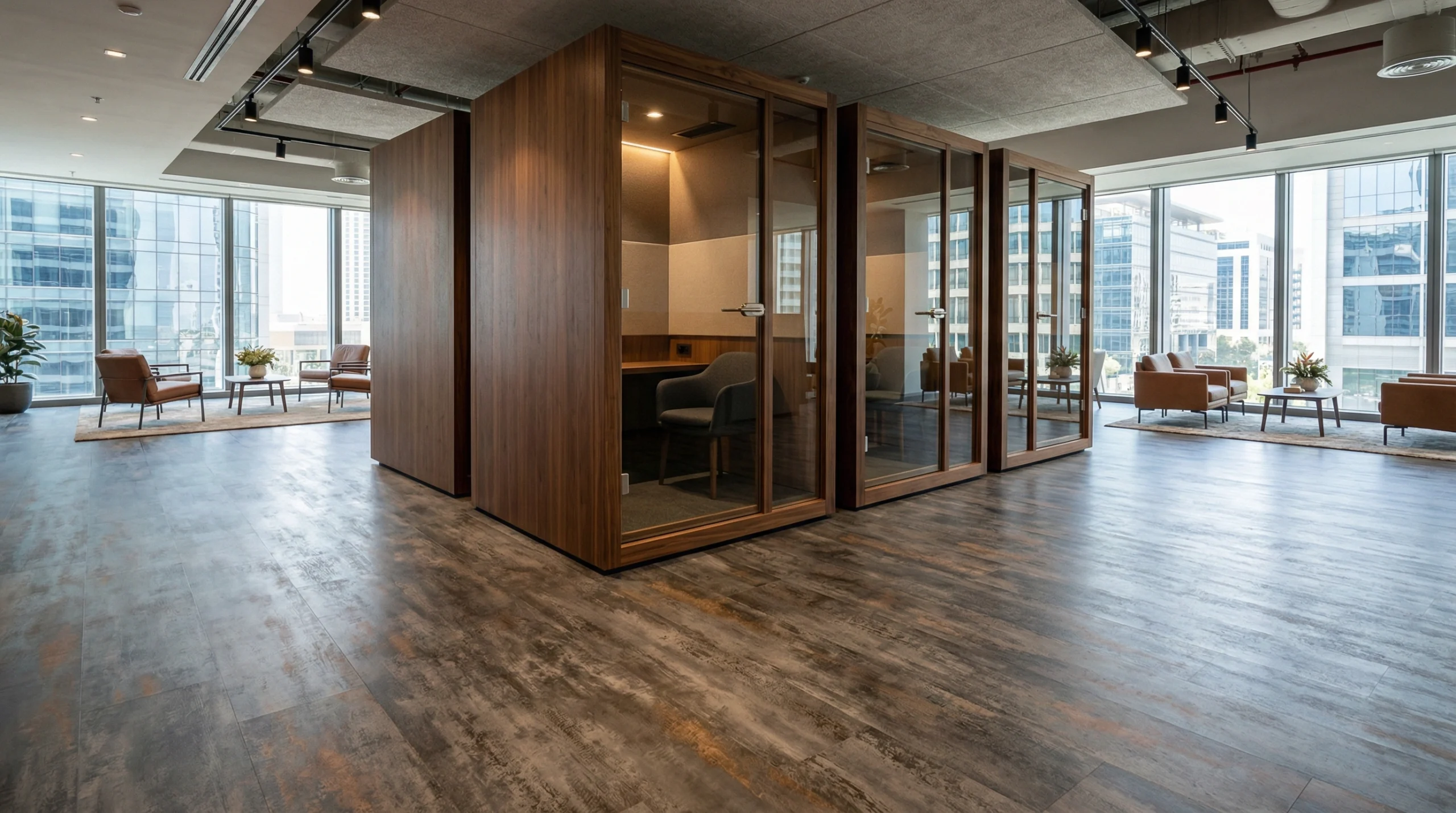 Industrial steel effect laminate flooring in a DIFC Dubai office.