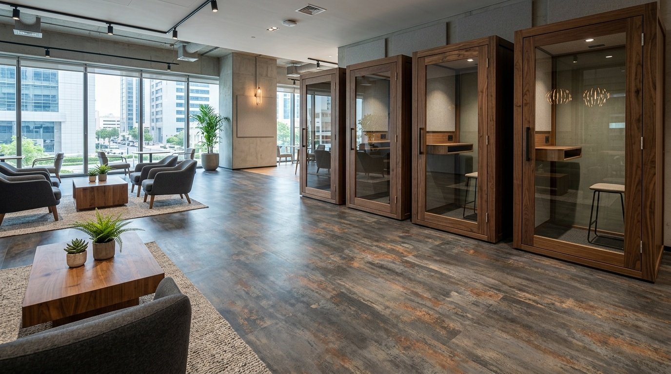 Industrial steel effect vinyl flooring in a DIFC Dubai office.