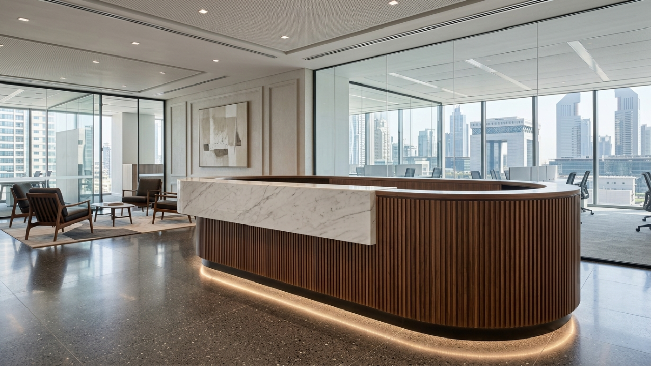 Custom walnut wood fluted reception desk in a DIFC Dubai office.