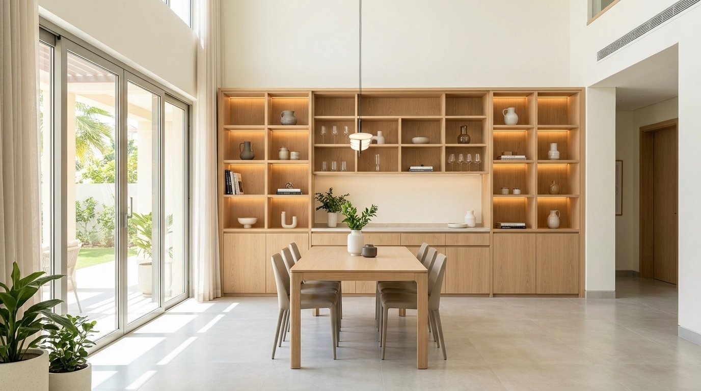 After shot of a modern light oak dining cabinet renovation.