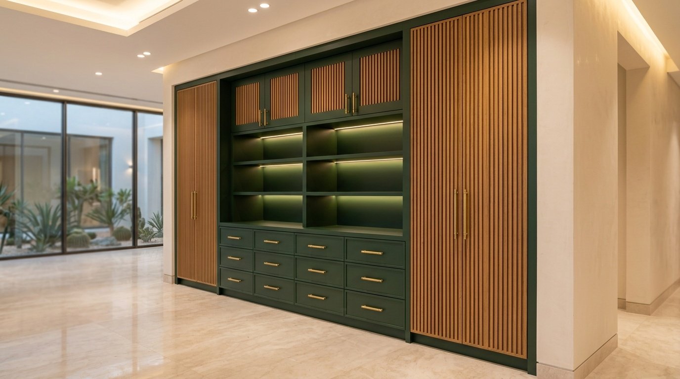 Custom built-in dining buffet cabinet in forest green lacquer with oak slat doors in MBR City villa dining room