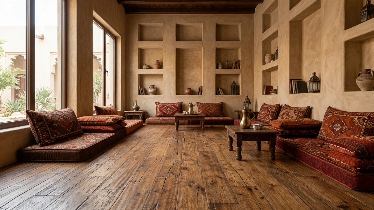 Distressed, hand-scraped reclaimed wood flooring installed in a renovated traditional Sharjah majlis by Karnak Carpentry.