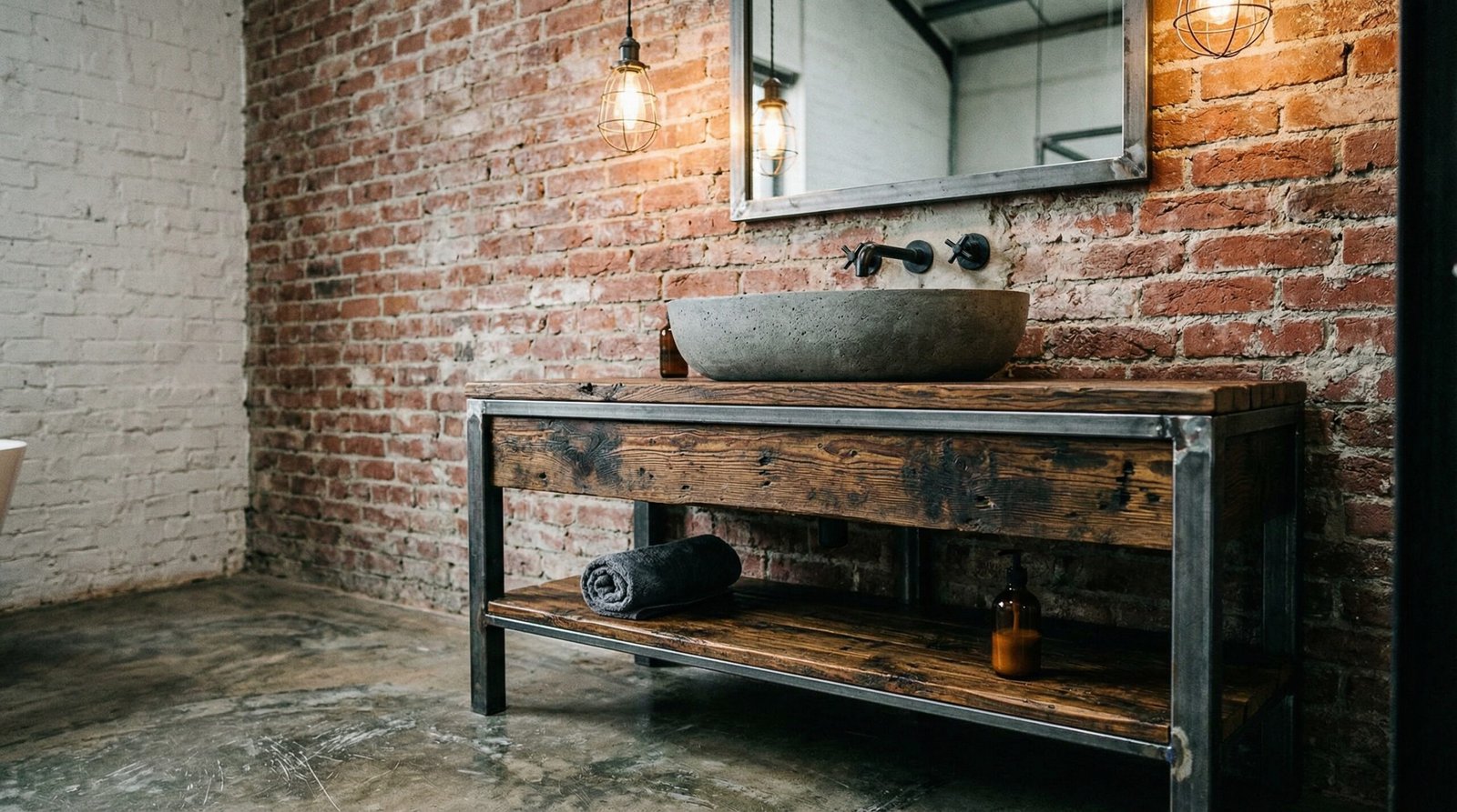 Industrial-style distressed wood bathroom vanity with open metal frame base, installed in an Al Quoz loft