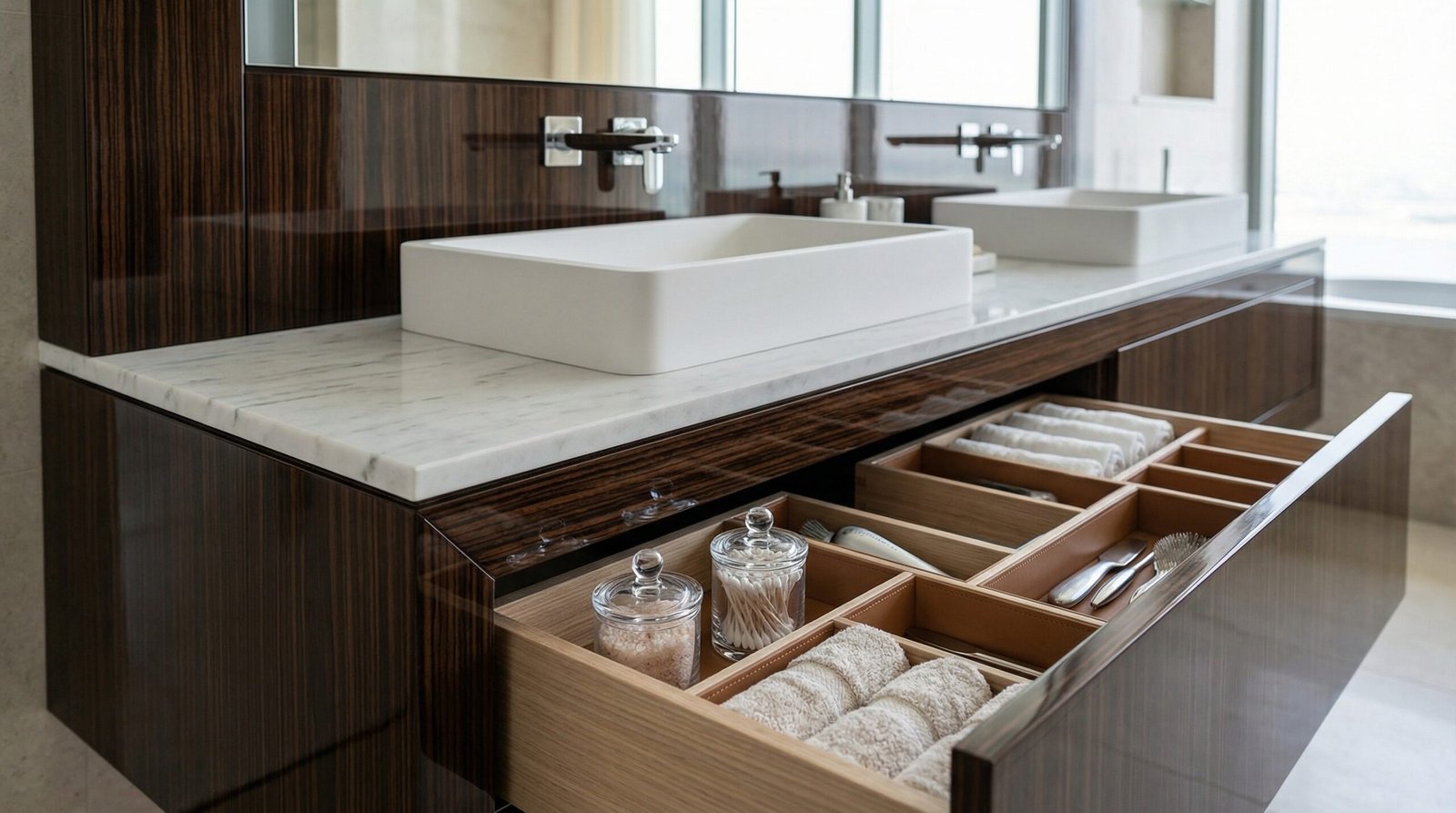Luxury double sink floating vanity in dark wood, custom cabinetry by Karnak Carpentry in a Palm Jumeirah penthouse.
