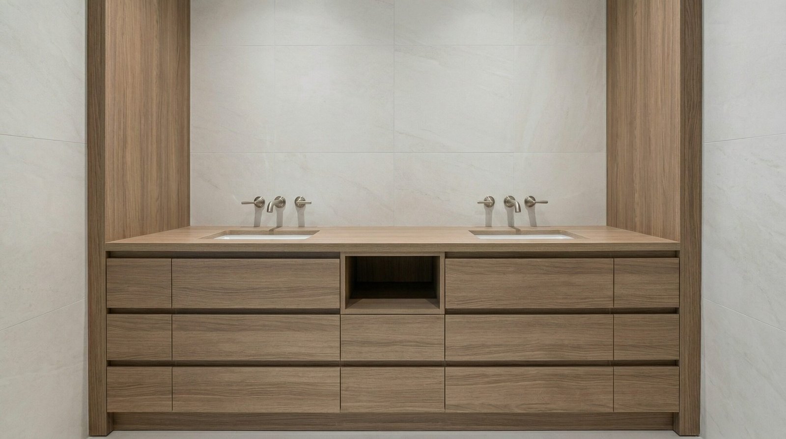 1800mm double-sink bathroom vanity with dual drawer banks and central open niche in UAE villa shared family bathroom