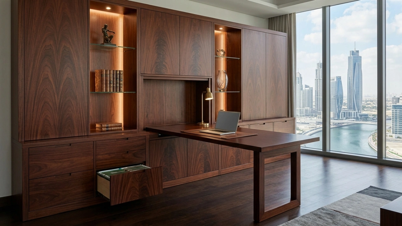 Executive mahogany wood office wall unit and desk joinery.