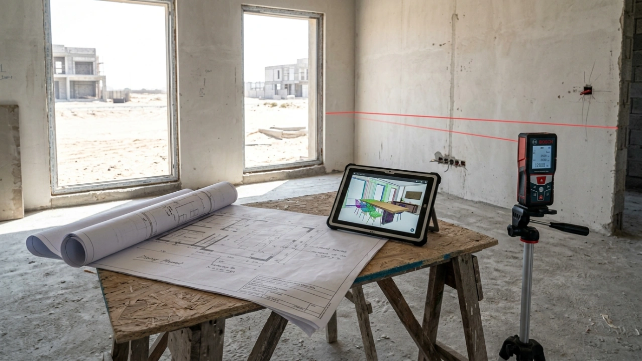 Initial site assessment and space measurement in a new Dubai villa for a custom dining table installation.