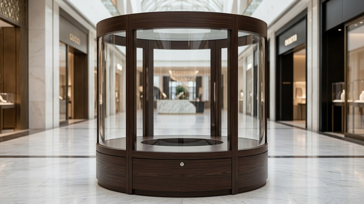 Curved glass and wenge wood jewelry display showcase in The Dubai Mall.