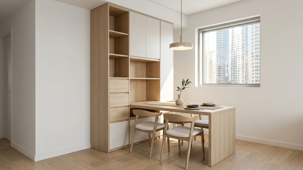 Space-saving custom built-in dining table integrated with storage in a small Dubai Marina apartment nook.