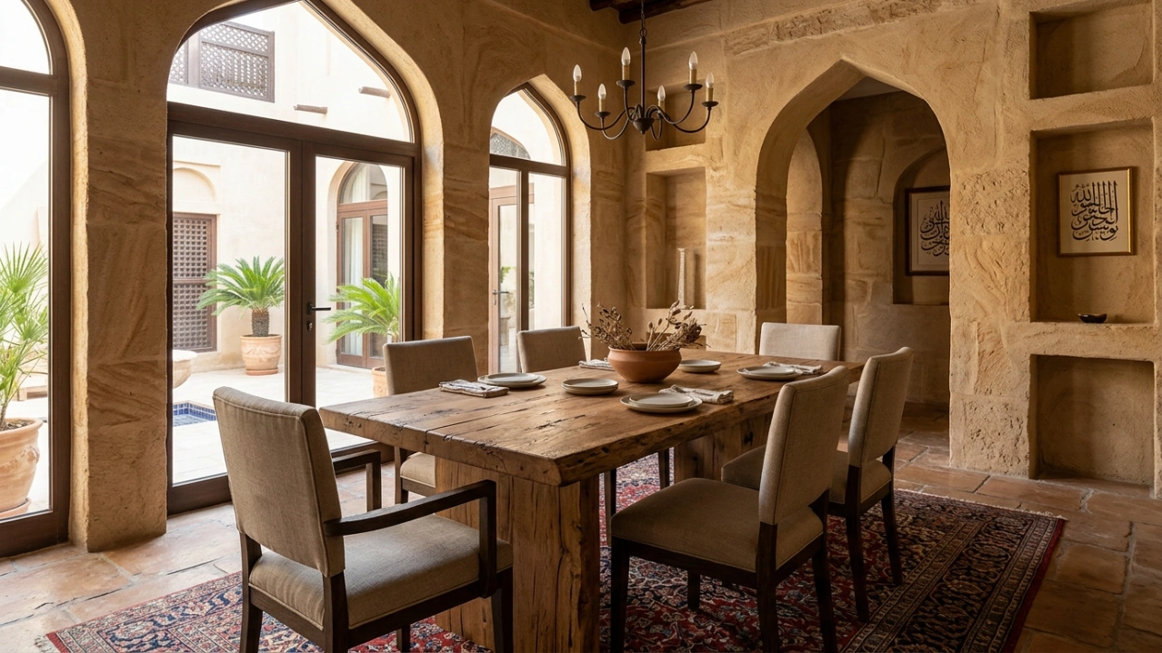 Custom rustic oak dining table installed in a traditional Jumeirah villa with sandstone walls.