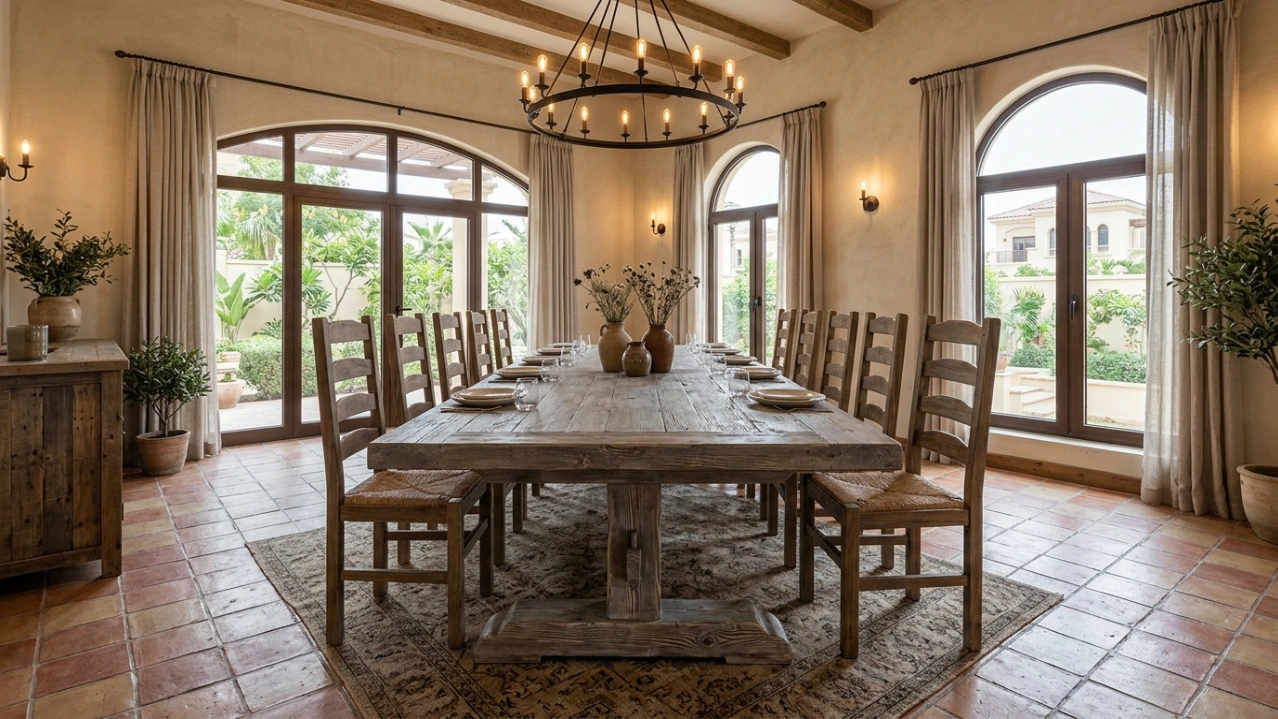 Large rustic farmhouse style dining table in distressed pine, custom built by Karnak in Dubai Land.