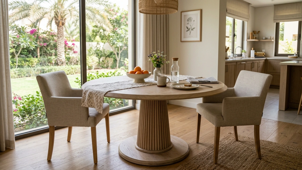 Custom round oak pedestal dining table for a breakfast nook, Karnak Carpentry work in Arabian Ranches.