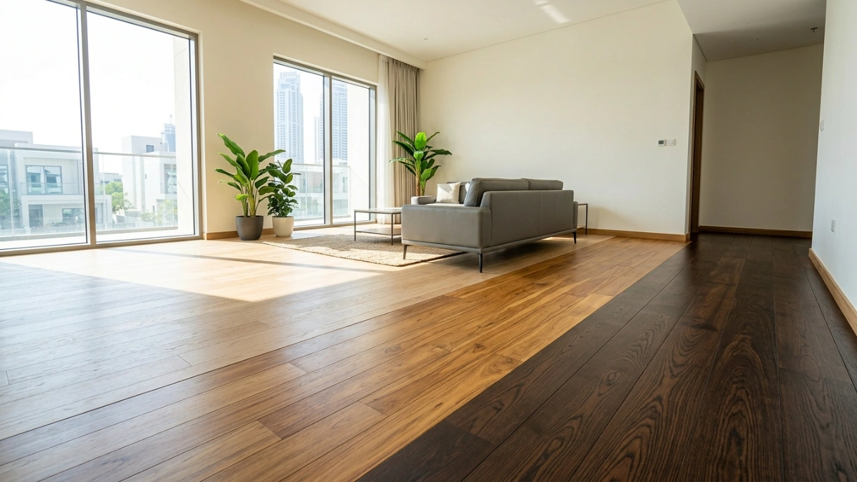 Comparison of installed light oak, teak, and dark wenge wooden flooring in a Dubai living room.