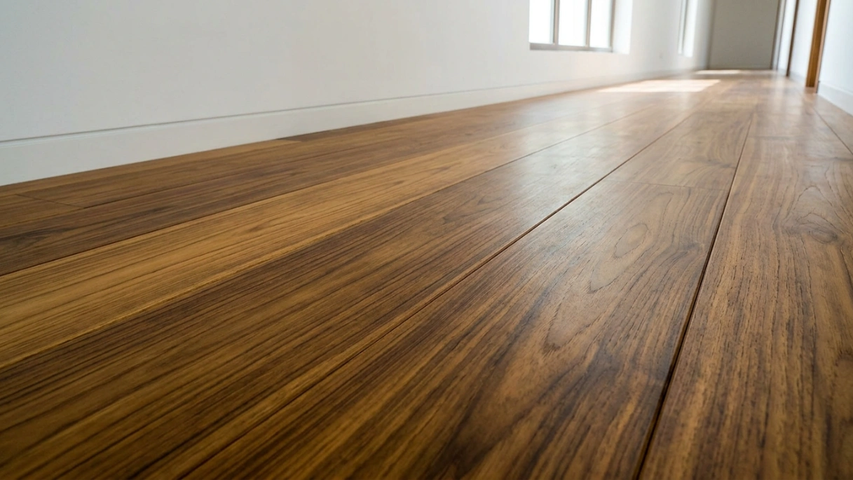 Detailed view of solid Burmese Teak hardwood flooring installed in a Jumeirah, Dubai villa.