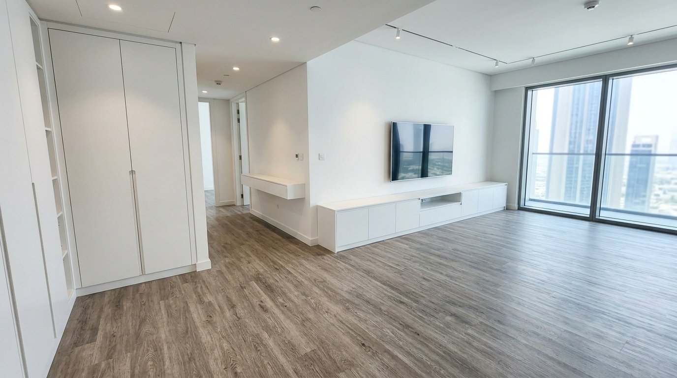 Greige wood luxury vinyl plank flooring in a Downtown Dubai apartment with sleek custom white joinery.