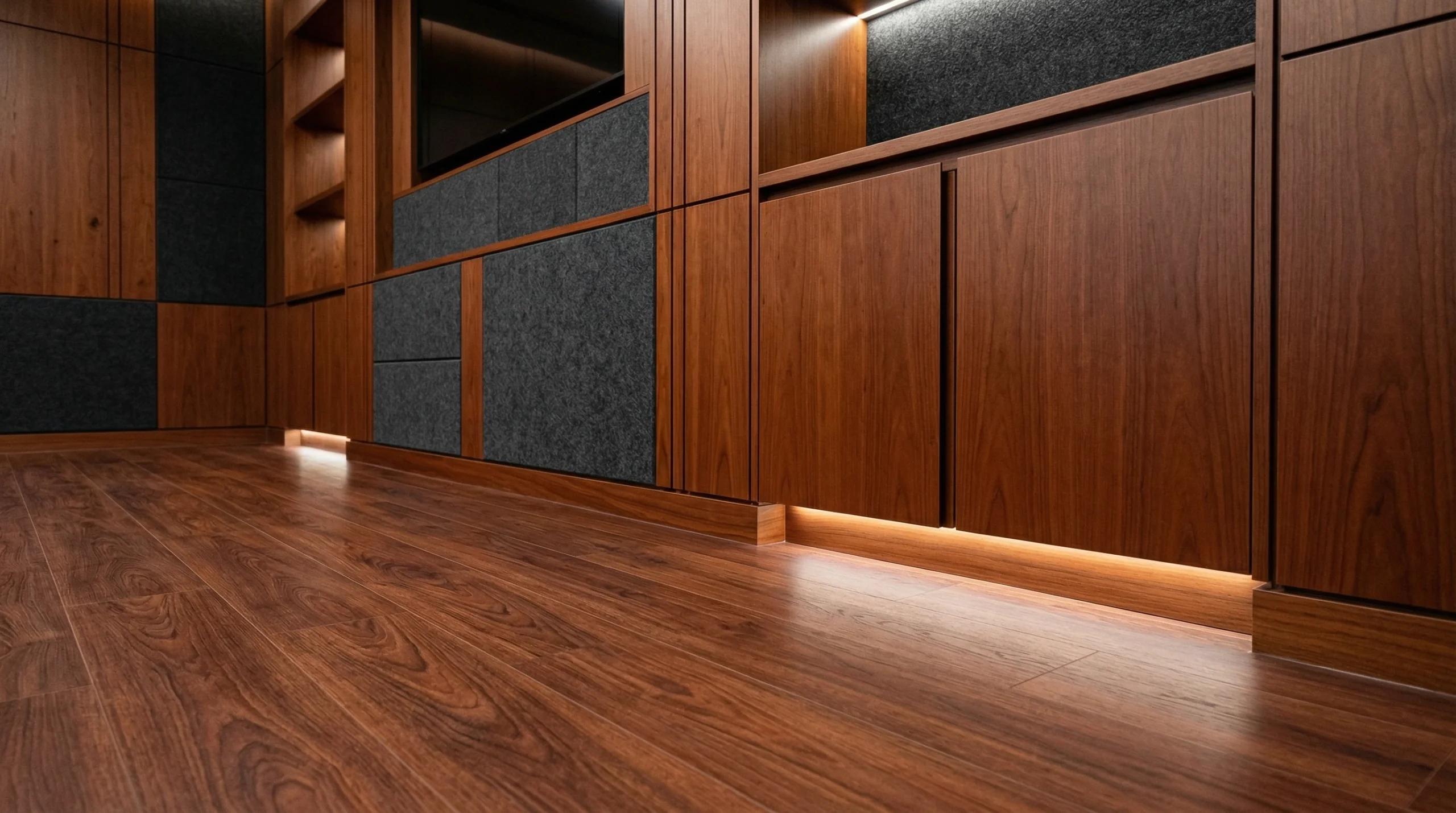 Deep cherry wood SPC flooring in a corporate boardroom with wood paneling.