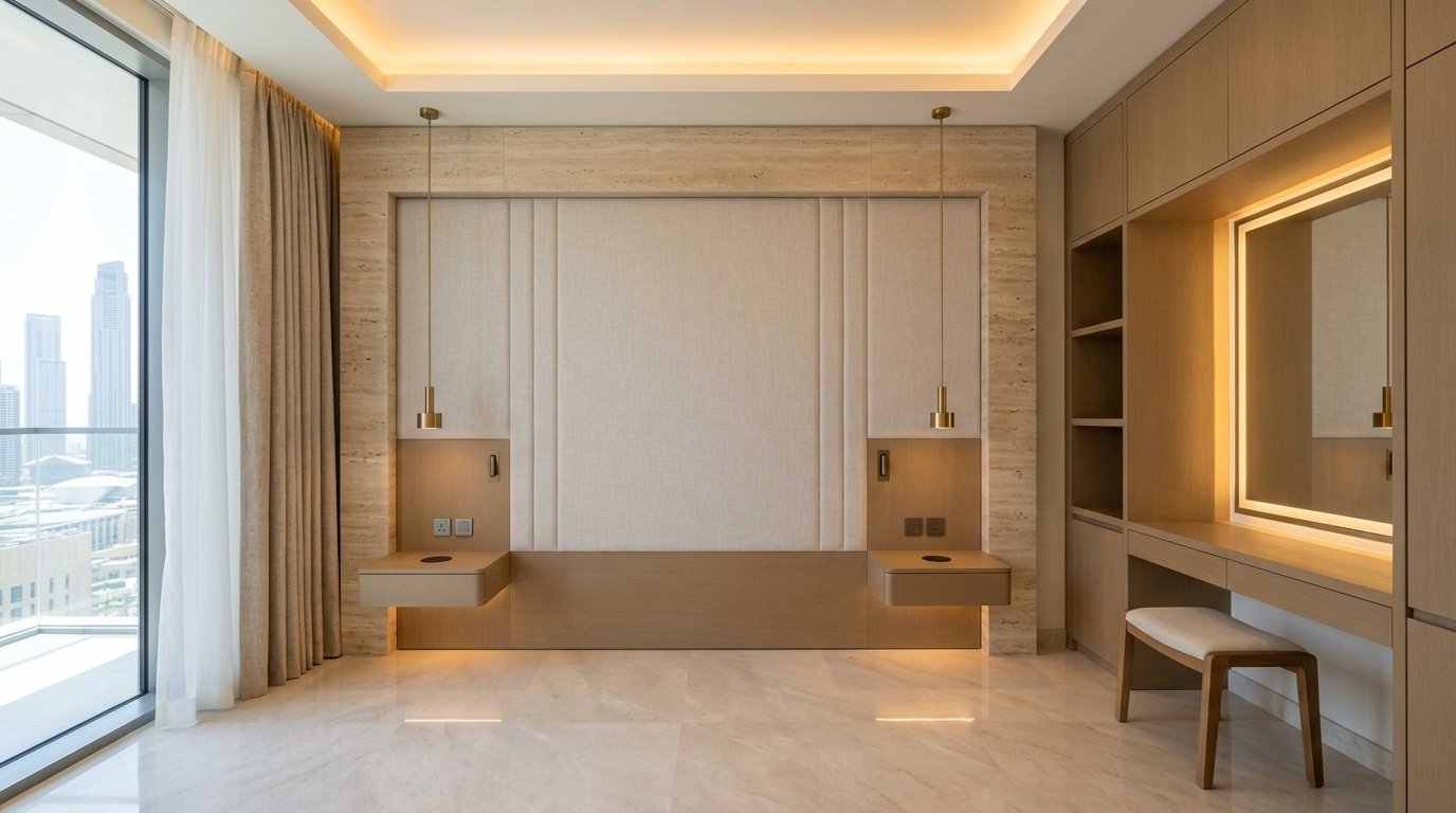 Custom fitted headboard wall with travertine frame, floating bedside ledges, and illuminated vanity desk in a Downtown Dubai hotel suite by Karnak Carpentry