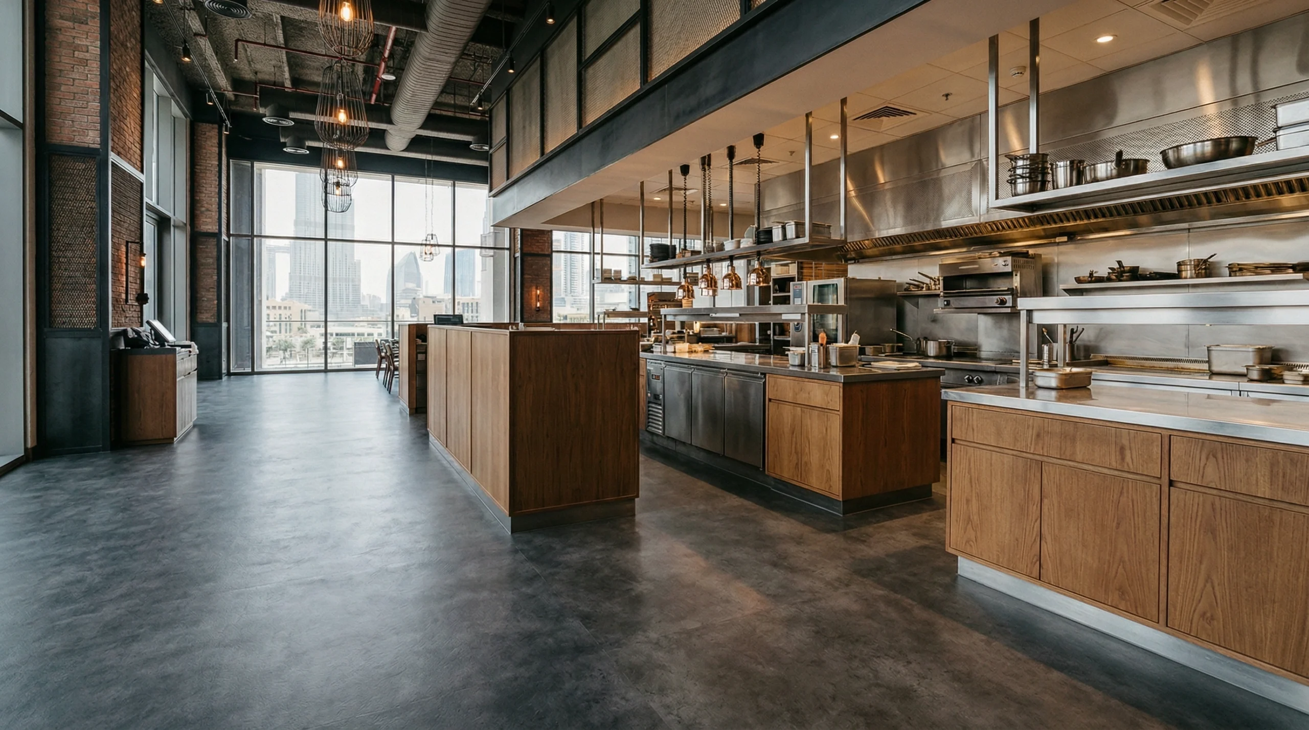 Dark grey concrete-effect commercial SPC flooring in a Downtown Dubai restaurant dining and kitchen area.