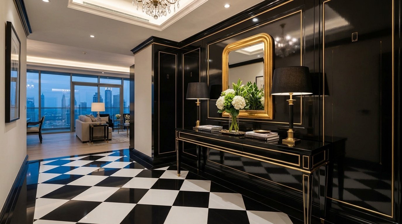 Checkerboard pattern vinyl flooring in a luxury foyer.