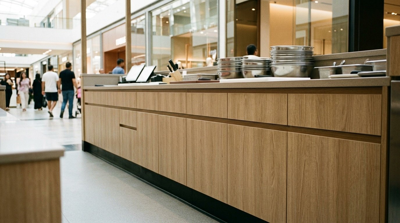 Seamless oak grain laminate prep cabinetry for a Dubai cafe.