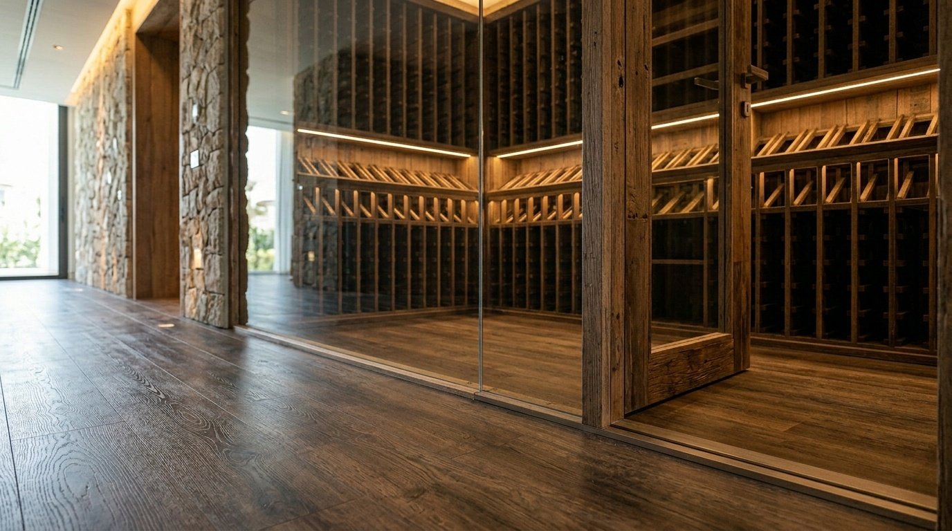 Rustic oak vinyl flooring in a custom luxury wine cellar.