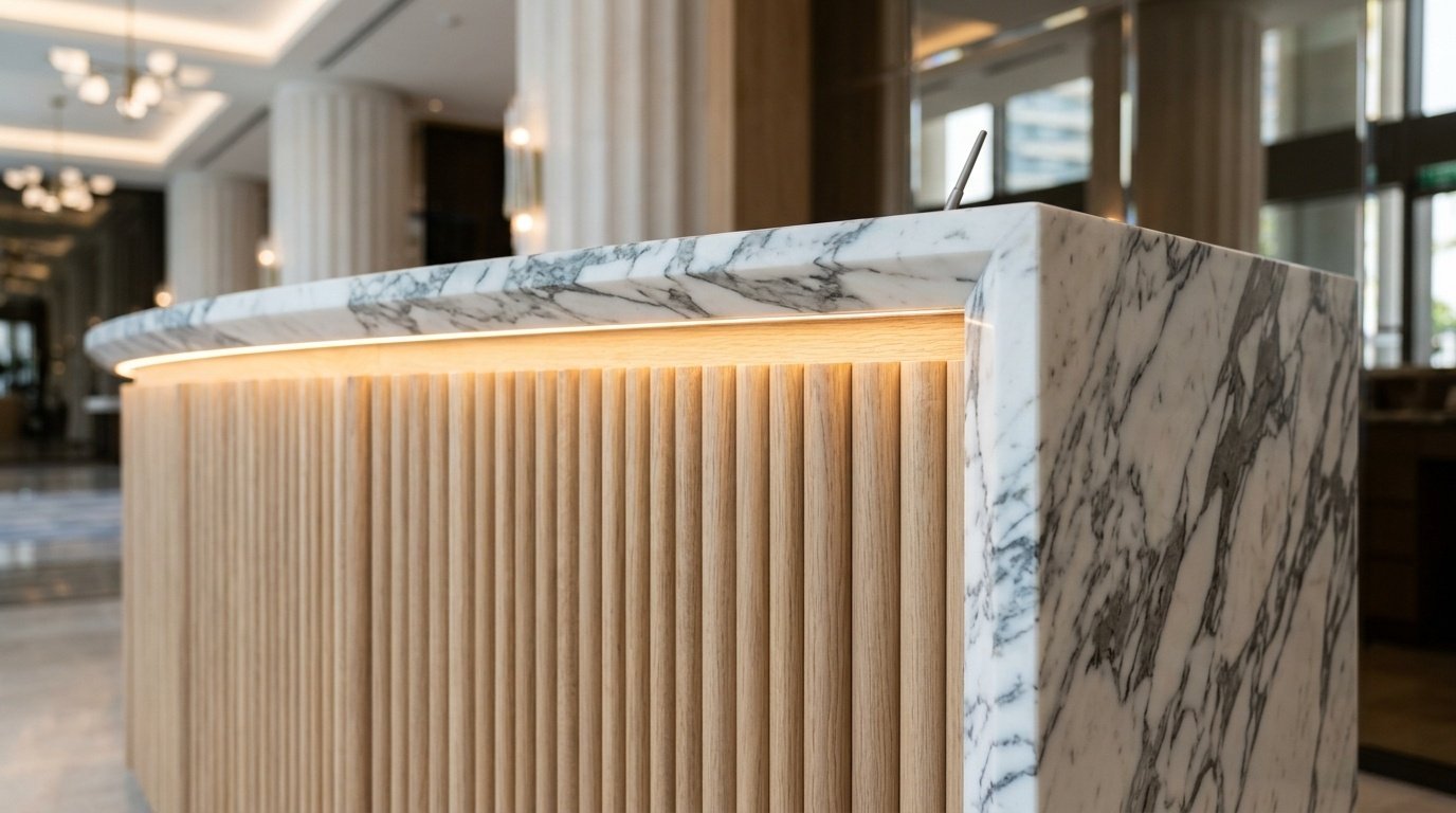 Custom fluted oak reception desk with marble top in a Dubai hotel