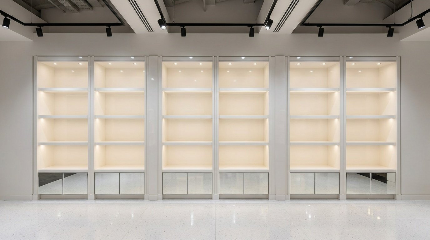 Custom modular display shelving towers with integrated LED spotlights and mirror cabinets in a Dubai Mall boutique by Karnak Carpentry