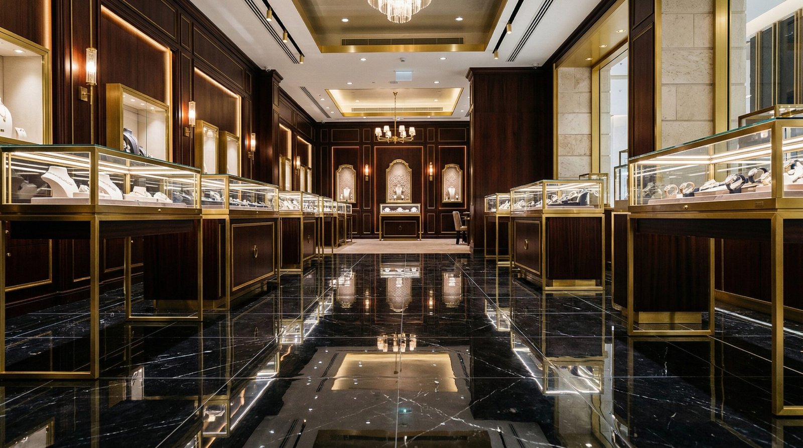 High-gloss marble-effect LVT flooring in a luxury Dubai Mall retail store.