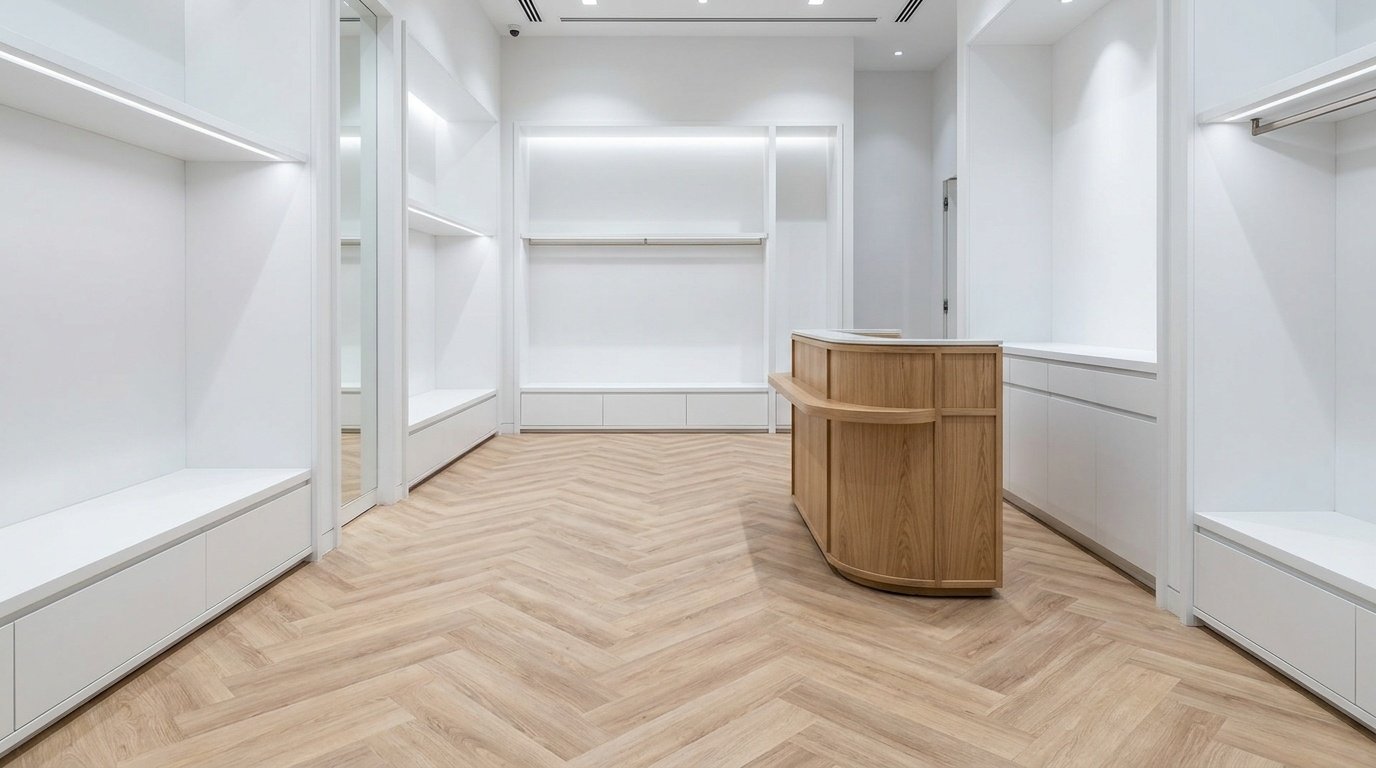 Herringbone pattern light oak LVT flooring in a high-traffic Dubai Mall retail store near custom display joinery.