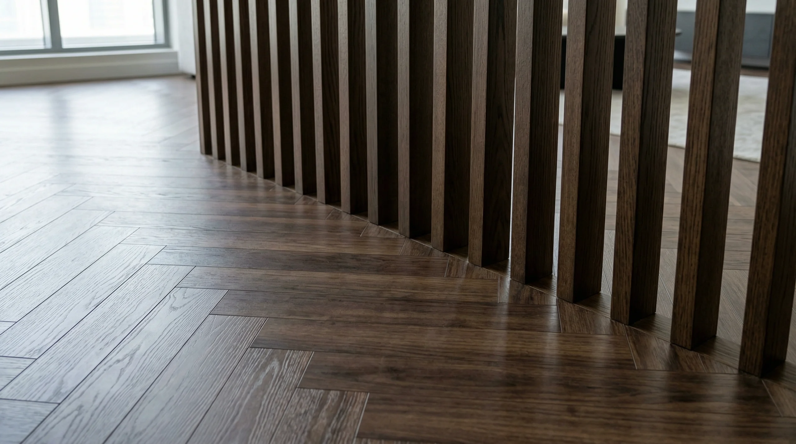 Dark walnut herringbone laminate flooring transition to custom wood slat wall.