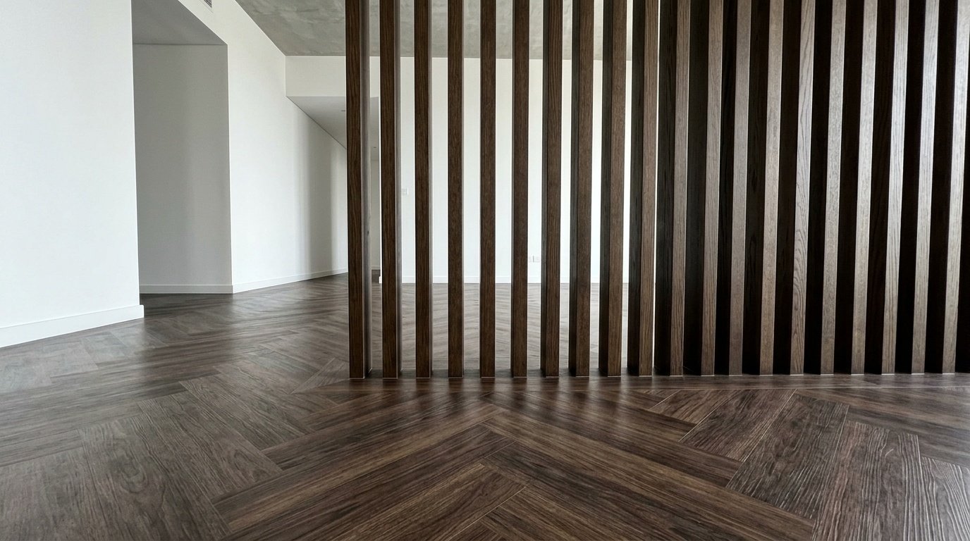 Dark walnut herringbone vinyl flooring transition to custom wood slat wall.