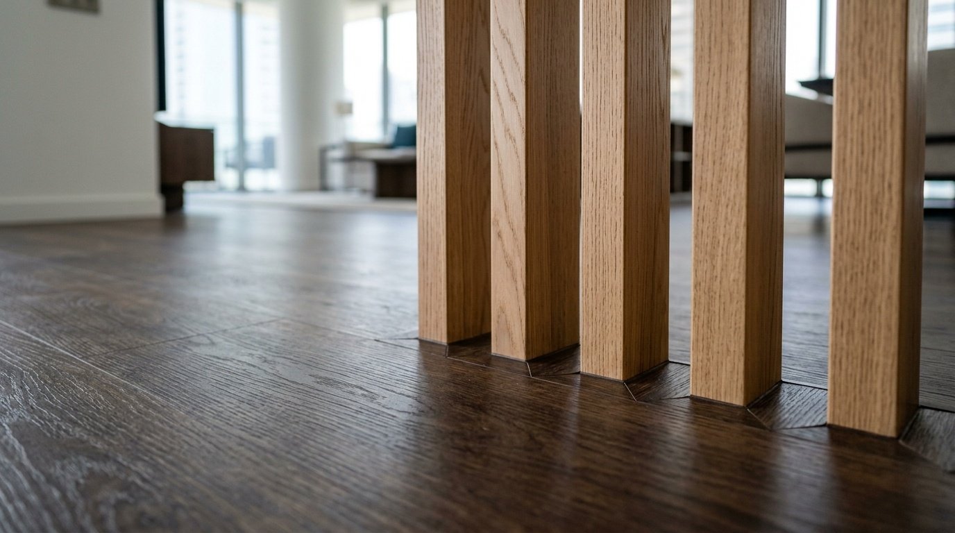 Precision-cut walnut LVT flooring around custom oak wood slat wall.