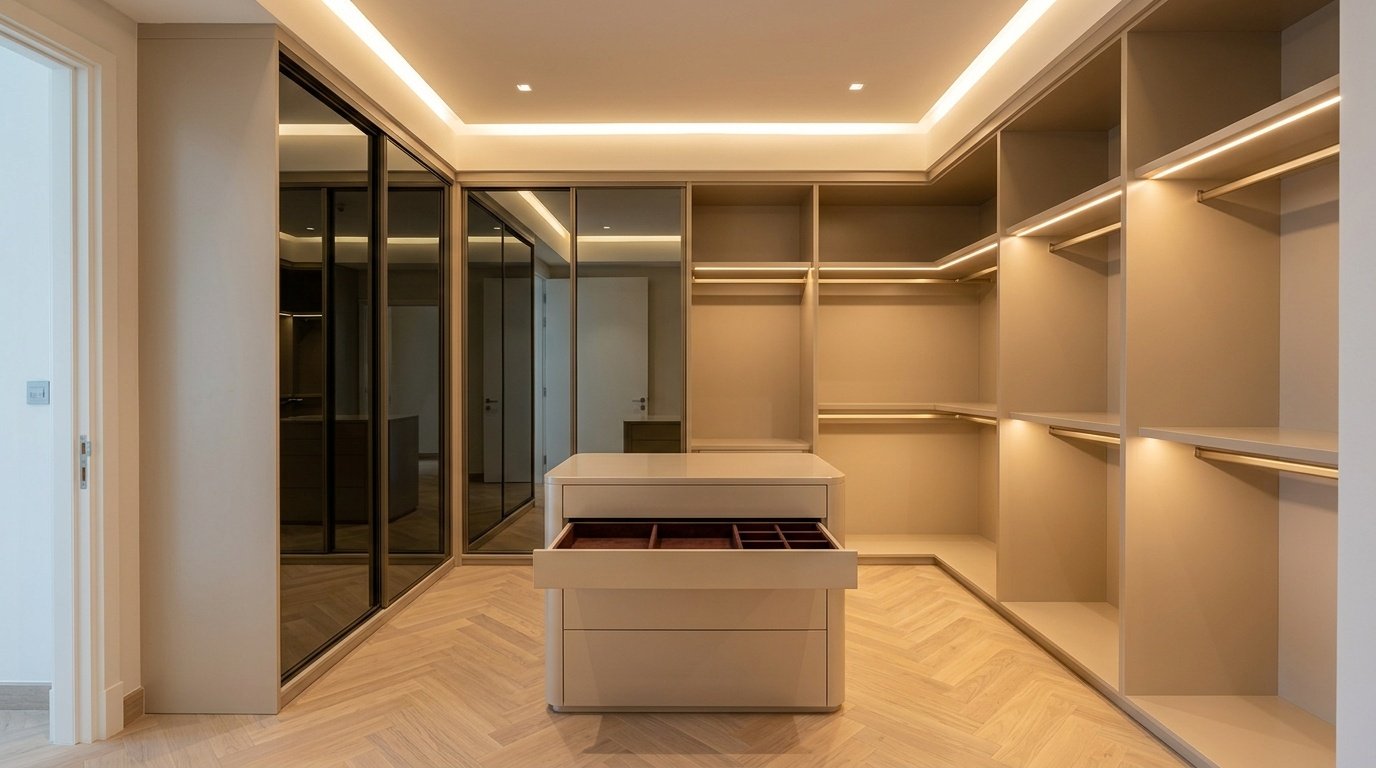 U-shaped walk-in wardrobe with champagne lacquer, smoked mirror doors, and centre dresser island in a Dubai Marina apartment by Karnak Carpentry
