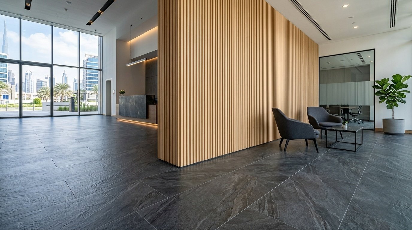 Dark slate effect LVT tile flooring in a Dubai Media City office lobby.